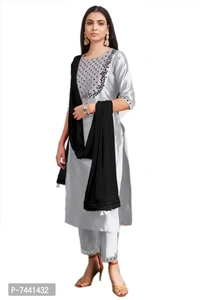 Reliable Grey Cotton Embroidered Kurta with Pant And Dupatta Set For Women - Gray, 4XL