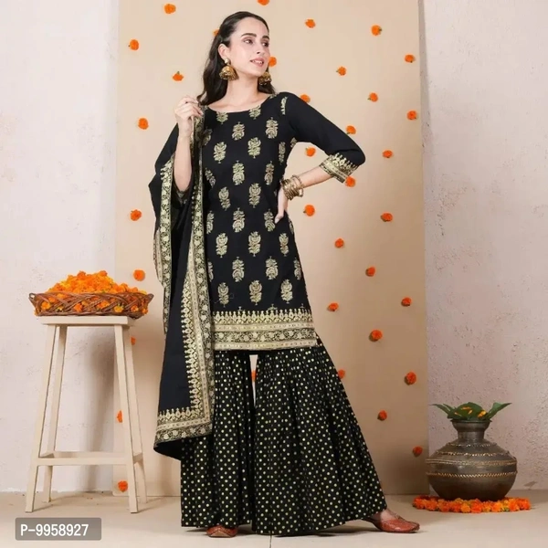 Beautiful Black Rayon Embellished Kurta, Bottom and Dupatta Set For Women - Black, S