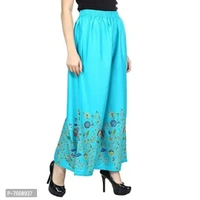 SriSaras Women's Rayon Bird Flower Print Loose fit Palazzos (Turquoise, Free Size 28 to 40 Inches)
