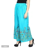 SriSaras Women's Rayon Bird Flower Print Loose fit Palazzos (Turquoise, Free Size 28 to 40 Inches)