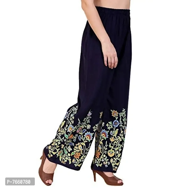 SriSaras Women's Loose Fit Palazzos (PRINT PALAZZO_Navy Blue_Free Size)
