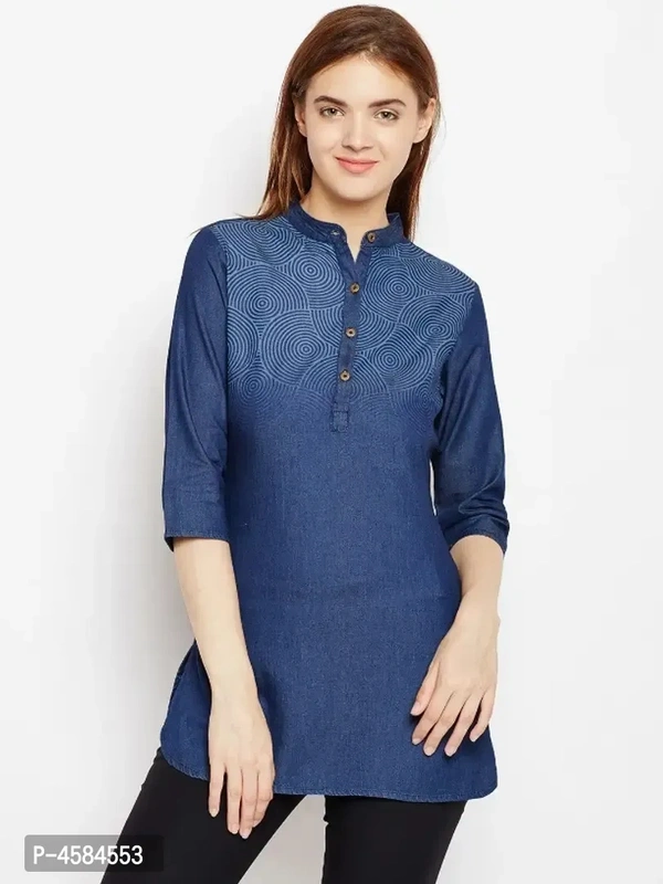 Avyanna Stylish Women's Navy Blue Laser Printed Denim Tunic - M