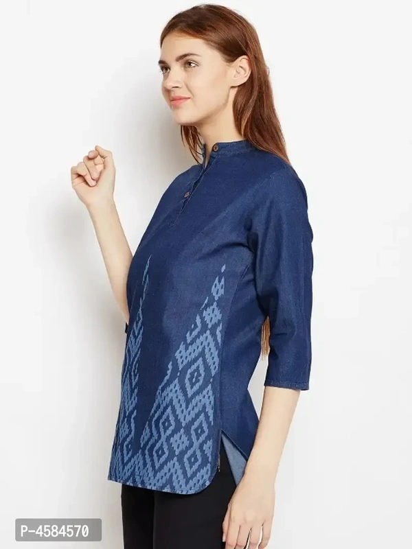 Avyanna Stylish Women's Navy Blue Laser Printed Denim Tunic - l