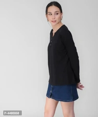 Elizy Women Black Button Plain TshirtSize:  - M
