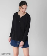 Elizy Women Black Button Plain TshirtSize:  - l
