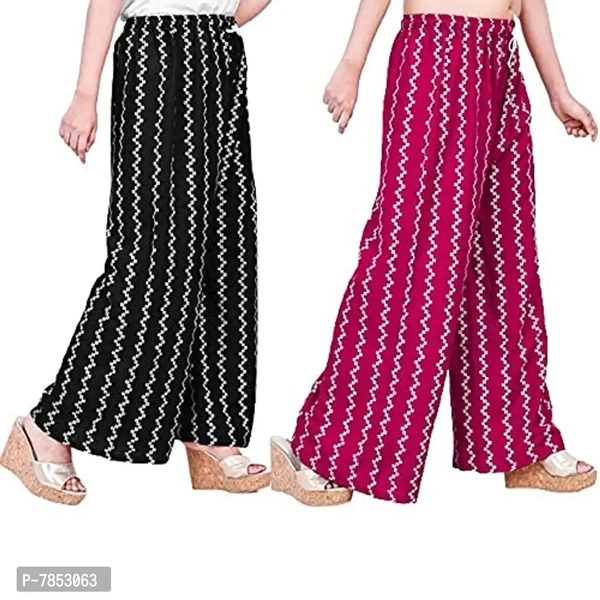 Full Length Printed Rayon Palazzo for Girls and Women with miyani and dori. Pack of 2 (Free Size, Black, Pink) - 2XL