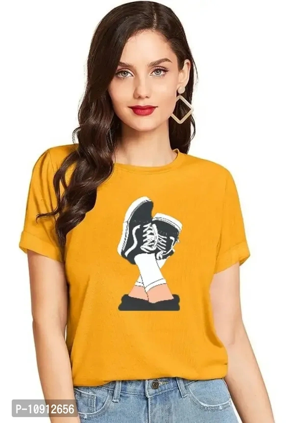 Elegant Mustard Cotton Printed Round Neck T-Shirts For Women - XL