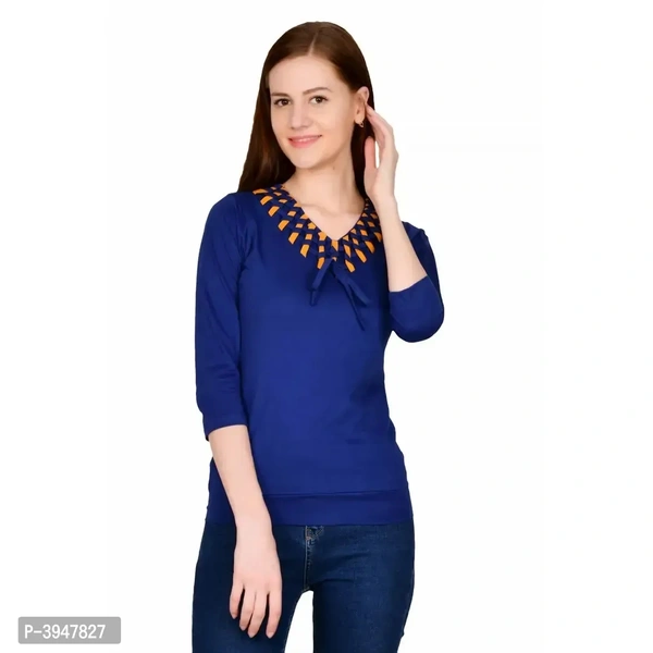 Women's Cotton 3/4 Sleeve V Neck Solid Royal Blue Top - M