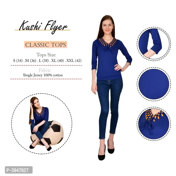 Women's Cotton 3/4 Sleeve V Neck Solid Royal Blue Top - M