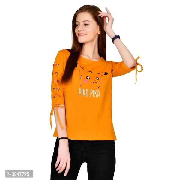 Women's Cotton 3/4 Sleeve Round Neck Printed Orange Top - M
