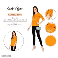 Women's Cotton 3/4 Sleeve Round Neck Printed Orange Top - M
