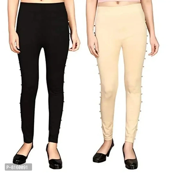 LX PRODUCTS Women's Polycotton Slim Fit Jegging with Side Stone (Free Size, 26 to 32 inch Waist, Black and Skin, 2)