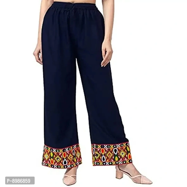 SIRTEX EAZY Tradional Heavy Lace Border Palazzo Pants for Women Rayon Palazzo, Heavy Embroidery Mirror Work at Bottom(Free Size) (Blue) - XL