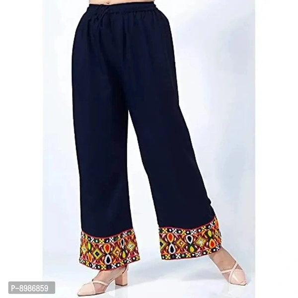 SIRTEX EAZY Tradional Heavy Lace Border Palazzo Pants for Women Rayon Palazzo, Heavy Embroidery Mirror Work at Bottom(Free Size) (Blue) - XL