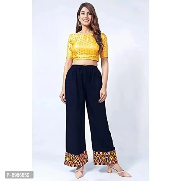 SIRTEX EAZY Tradional Heavy Lace Border Palazzo Pants for Women Rayon Palazzo, Heavy Embroidery Mirror Work at Bottom(Free Size) (Blue) - XL
