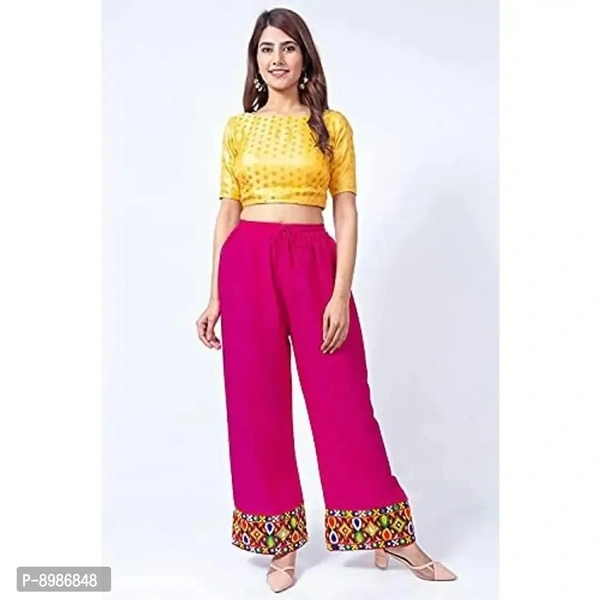 SIRTEX EAZY Tradional Heavy Lace Border Palazzo Pants for Women Rayon Palazzo, Heavy Embroidery Mirror Work at Bottom(Free Size) (Pink)