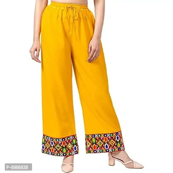 SIRTEX EAZY Tradional Heavy Lace Border Palazzo Pants for Women Rayon Palazzo, Heavy Embroidery Mirror Work at Bottom(Free Size) (Yellow)