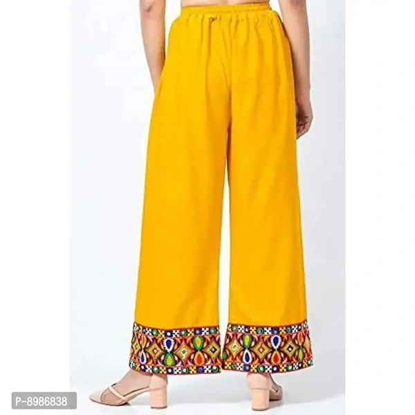SIRTEX EAZY Tradional Heavy Lace Border Palazzo Pants for Women Rayon Palazzo, Heavy Embroidery Mirror Work at Bottom(Free Size) (Yellow)