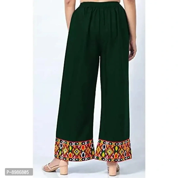 SIRTEX EAZY Tradional Heavy Lace Border Palazzo Pants for Women Rayon Palazzo, Heavy Embroidery Mirror Work at Bottom(Free Size) (Bottle Green)