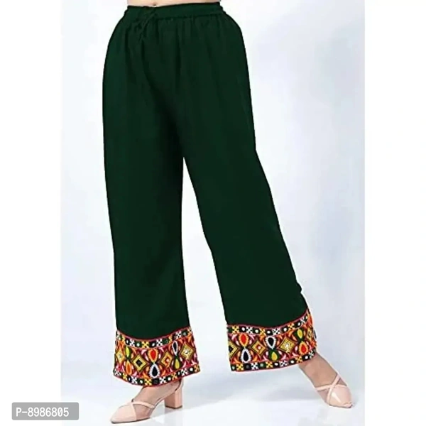 SIRTEX EAZY Tradional Heavy Lace Border Palazzo Pants for Women Rayon Palazzo, Heavy Embroidery Mirror Work at Bottom(Free Size) (Bottle Green)