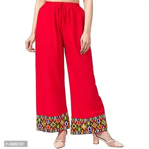 SIRTEX EAZY Tradional Heavy Lace Border Palazzo Pants for Women Rayon Palazzo, Heavy Embroidery Mirror Work at Bottom(Free Size) (Red)