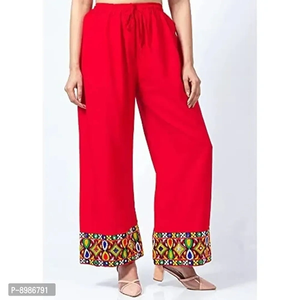 SIRTEX EAZY Tradional Heavy Lace Border Palazzo Pants for Women Rayon Palazzo, Heavy Embroidery Mirror Work at Bottom(Free Size) (Red)
