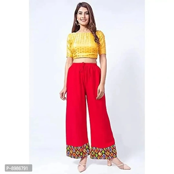 SIRTEX EAZY Tradional Heavy Lace Border Palazzo Pants for Women Rayon Palazzo, Heavy Embroidery Mirror Work at Bottom(Free Size) (Red)