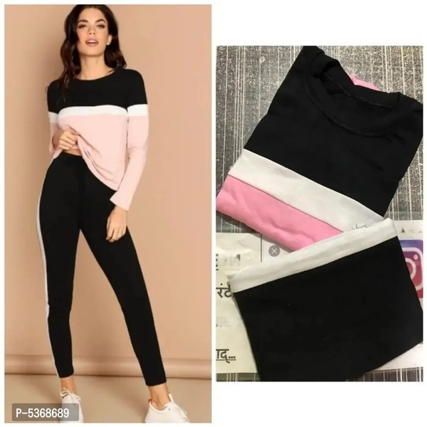 Stylish Cotton Rib Stretchable Color Blocked Trach Suit For Women - 34