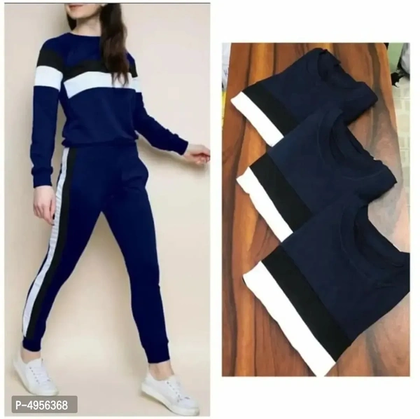 Stylish Cotton Rib Stretchable Color Blocked Trach Suit For Women - 30