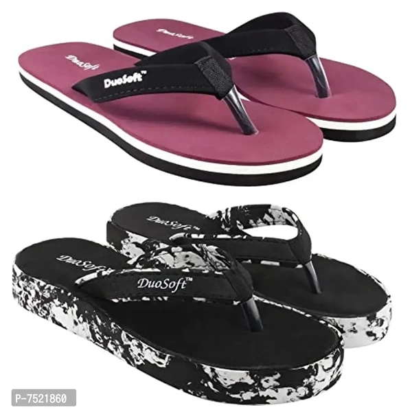 Duosoft Stylish Comfort Super Soft, Fabrication Flip Flop Slippers For Womens Girls, Material: Eva, (Ds-004-Mix_Ds-011-Blk), Size: 4 To 8, Pack Of 2. - 4Uk