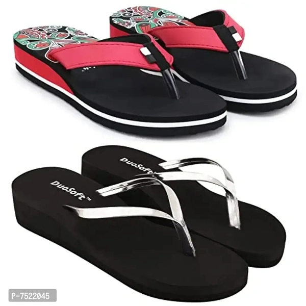 Duosoft Stylish Comfort Super Soft, Fabrication Flip Flop Slippers For Womens Girls, Material: Eva, (Ds-002-Mix_Ds-009-Blk), Size: 4 To 8, Pack Of 2.Size:  - 4