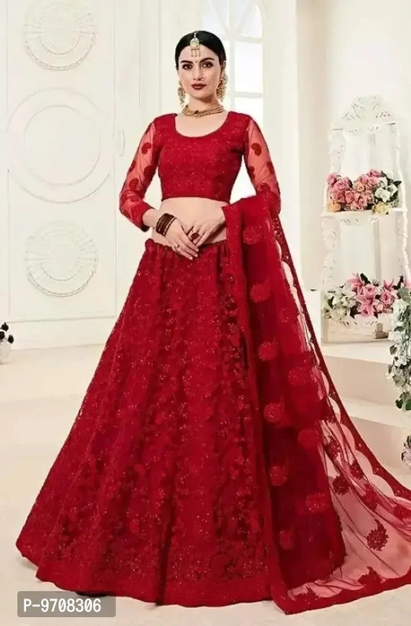 Women Semi Stitched Net Embroidered Lehenga Choli - Red