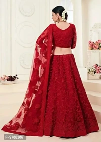 Women Semi Stitched Net Embroidered Lehenga Choli - Red