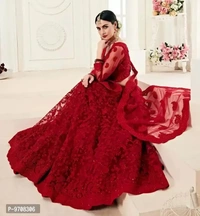 Women Semi Stitched Net Embroidered Lehenga Choli - Red