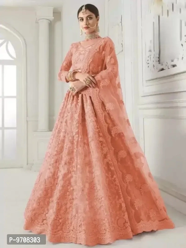Women Semi Stitched Net Embroidered Lehenga Choli