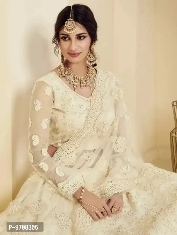 Women Semi Stitched Net Embroidered Lehenga Choli