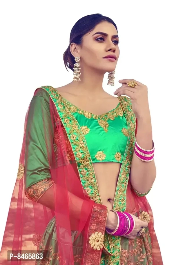Women Green Colour Sattin Silk Embroidered Flaired Lehenga Choli