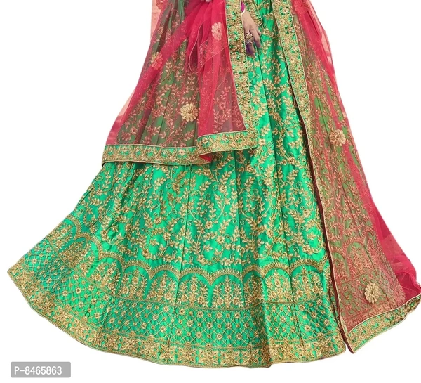 Women Green Colour Sattin Silk Embroidered Flaired Lehenga Choli