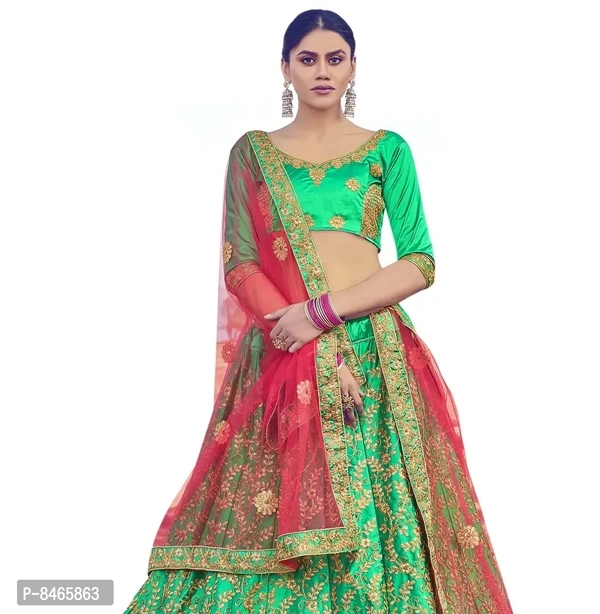 Women Green Colour Sattin Silk Embroidered Flaired Lehenga Choli