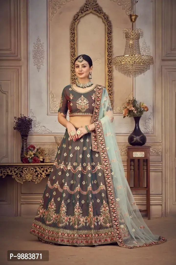 Fashion Attractive Grey Silk Semi Stitched Lehenga Choli