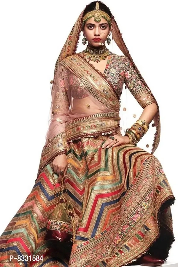 Stylish Multicoloured Satin Lehenga with Choli And Dupatta Set For Women