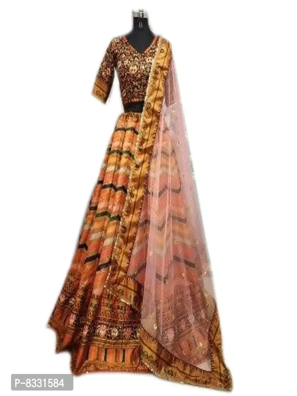 Stylish Multicoloured Satin Lehenga with Choli And Dupatta Set For Women