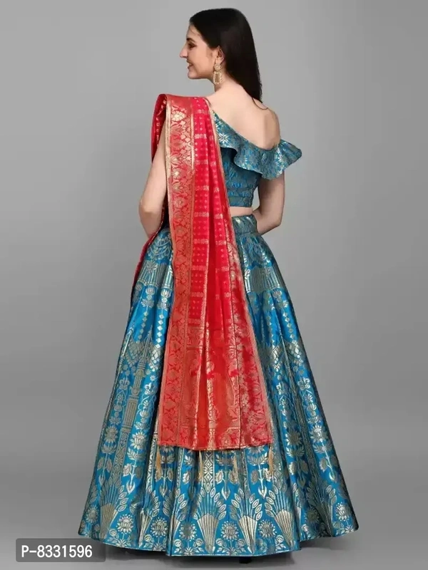 Stylish Turquoise Jacquard Lehenga with Choli And Dupatta Set For Women