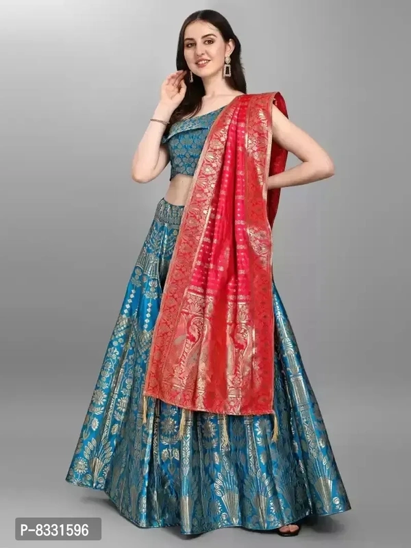 Stylish Turquoise Jacquard Lehenga with Choli And Dupatta Set For Women