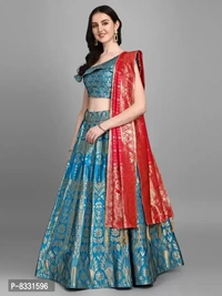 Stylish Turquoise Jacquard Lehenga with Choli And Dupatta Set For Women
