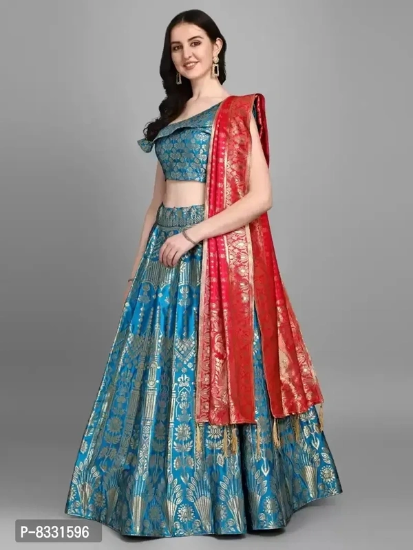 Stylish Turquoise Jacquard Lehenga with Choli And Dupatta Set For Women