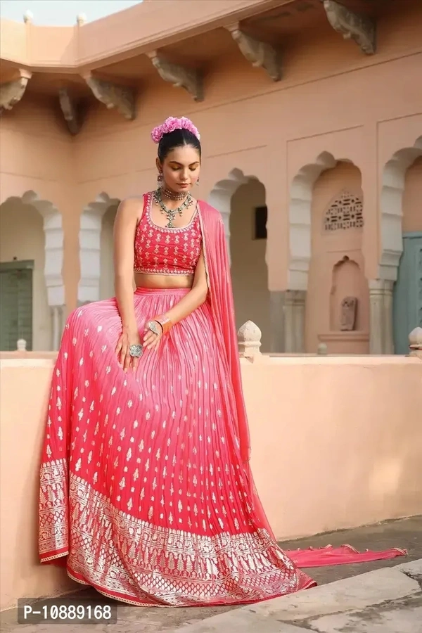 Stylish Pink Chinnon Silk Embroidered Lehenga Choli Set With Dupatta For Women - S