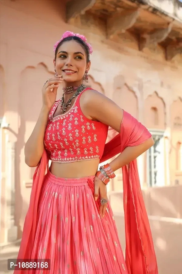 Stylish Pink Chinnon Silk Embroidered Lehenga Choli Set With Dupatta For Women - XL