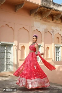 Stylish Pink Chinnon Silk Embroidered Lehenga Choli Set With Dupatta For Women - XL