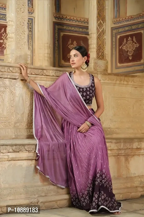 Stylish Purple Chinnon Silk Embroidered Lehenga Choli Set With Dupatta For Women - M